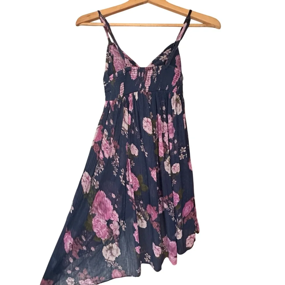 Free People Floral‎ High Low Dress Navy Pink Smocked Back Adj Straps Sz S Boho